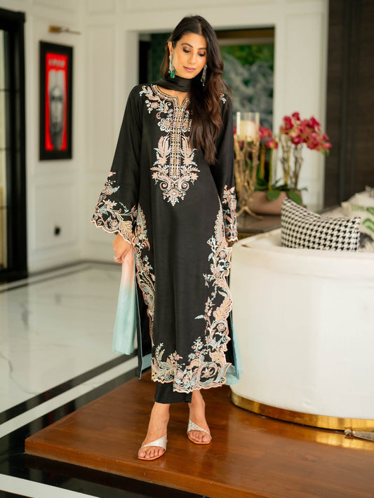 Midnight Black Embroidered Satin Rayon Kaftan Set