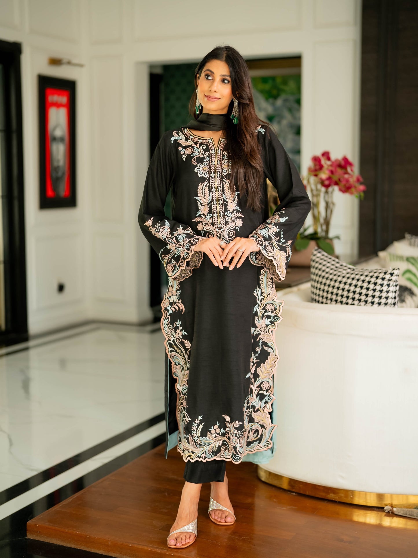 Midnight Black Embroidered Satin Rayon Kaftan Set