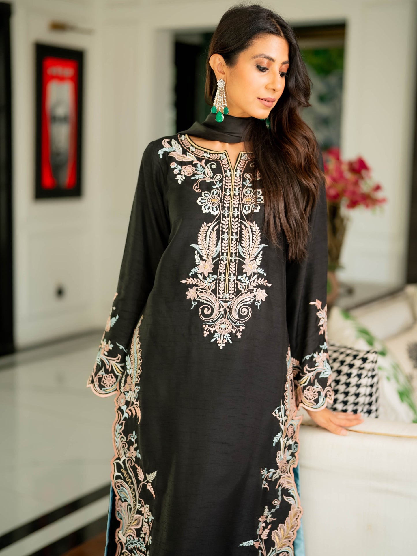 Midnight Black Embroidered Satin Rayon Kaftan Set