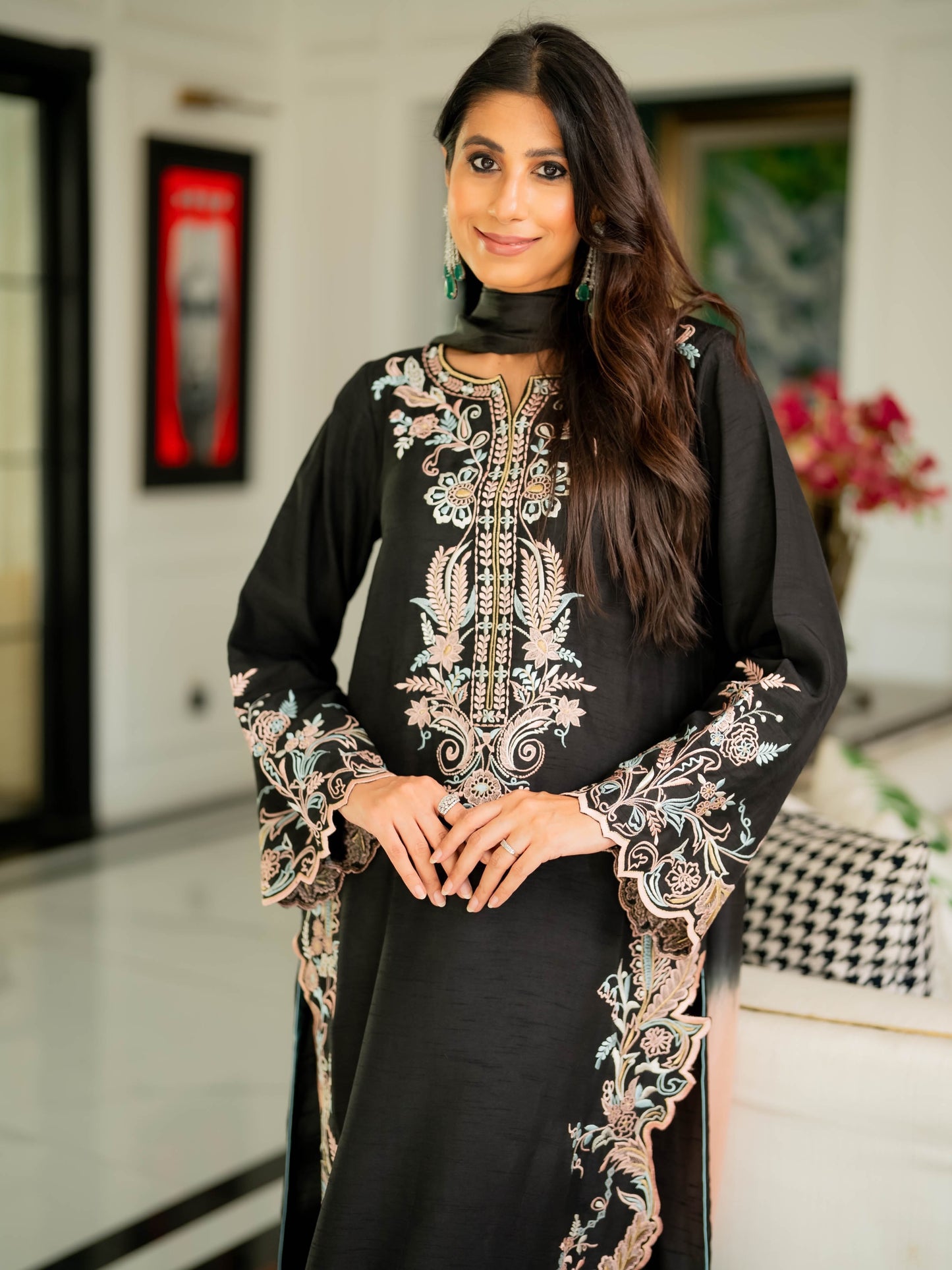 Midnight Black Embroidered Satin Rayon Kaftan Set