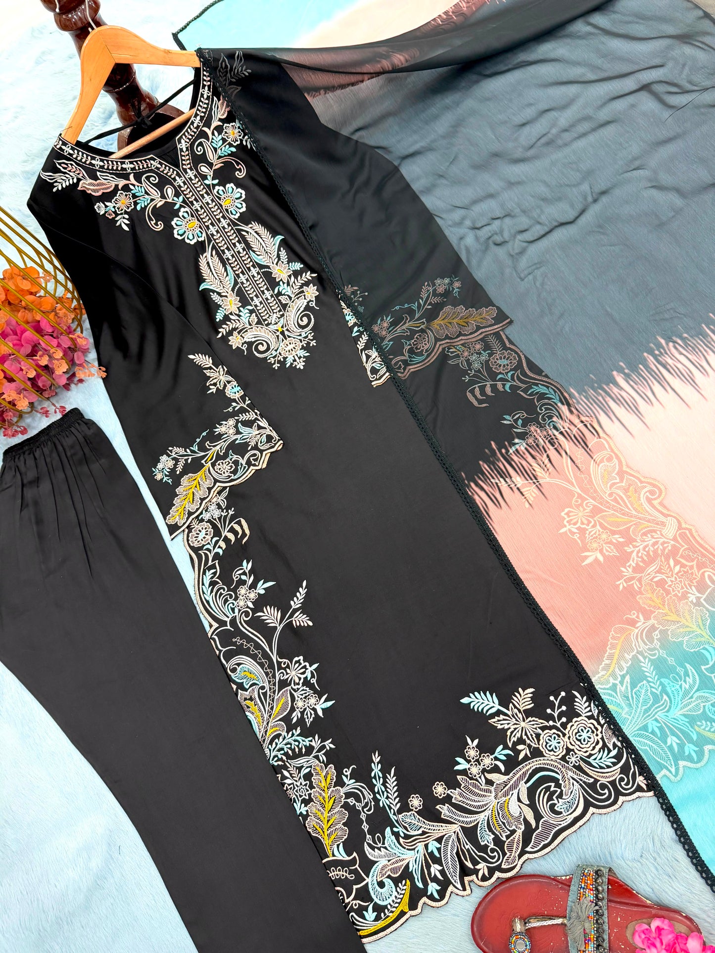 Midnight Black Embroidered Satin Rayon Kaftan Set