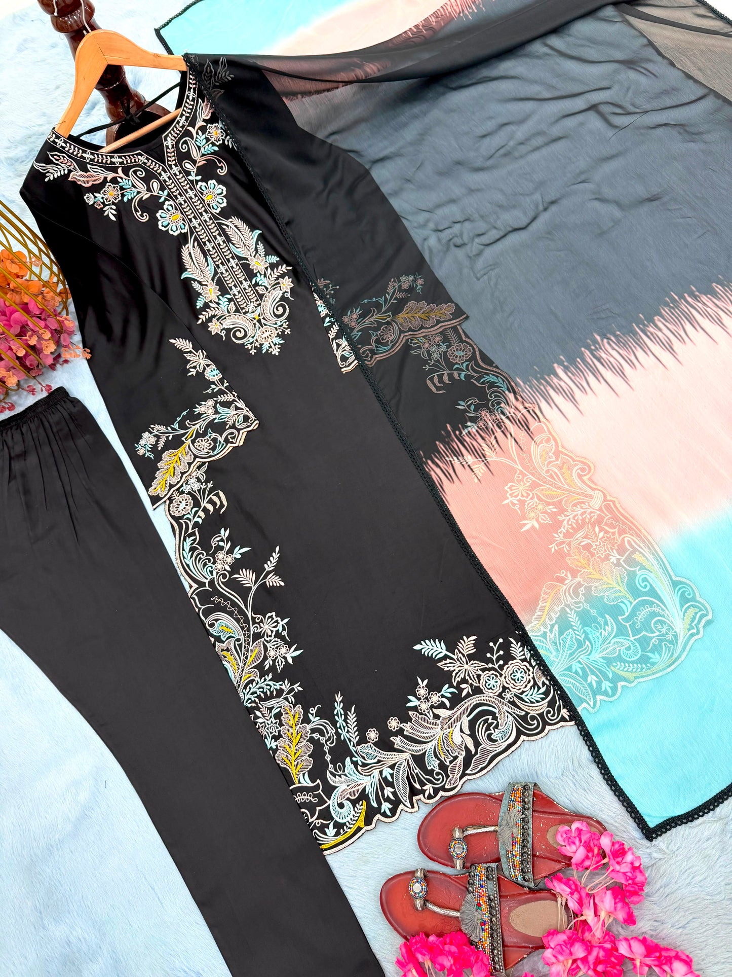 Midnight Black Embroidered Satin Rayon Kaftan Set