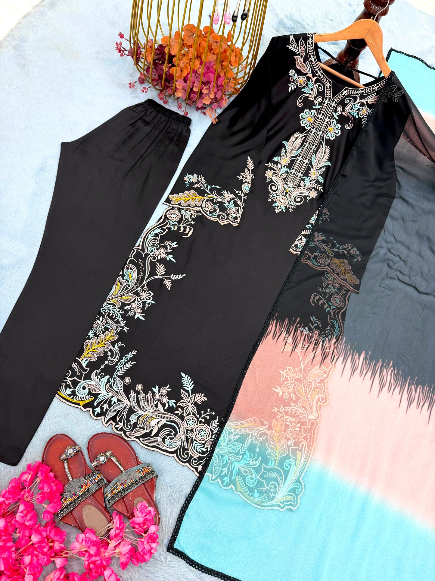 Midnight Black Embroidered Satin Rayon Kaftan Set
