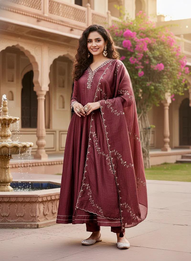 Embroidered Vichitra Silk Anarkali Kurta Set