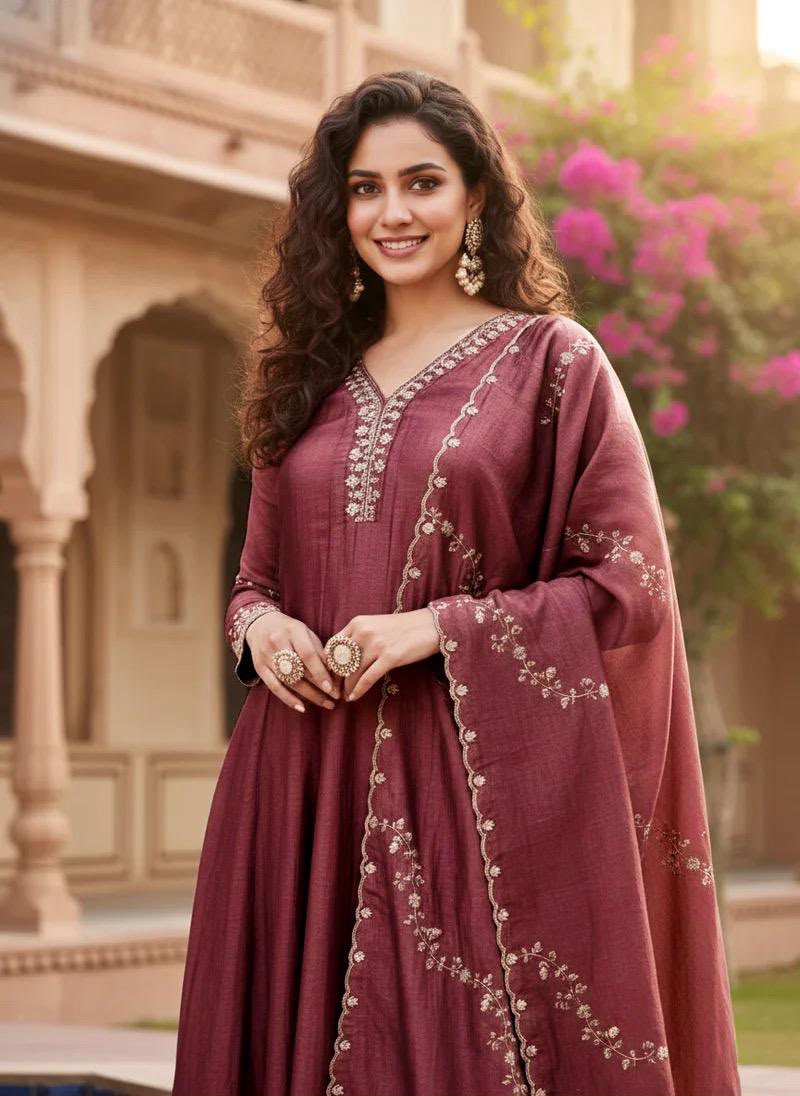 Embroidered Vichitra Silk Anarkali Kurta Set