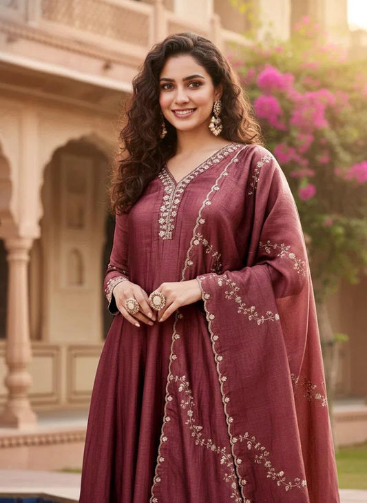 Embroidered Vichitra Silk Anarkali Kurta Set