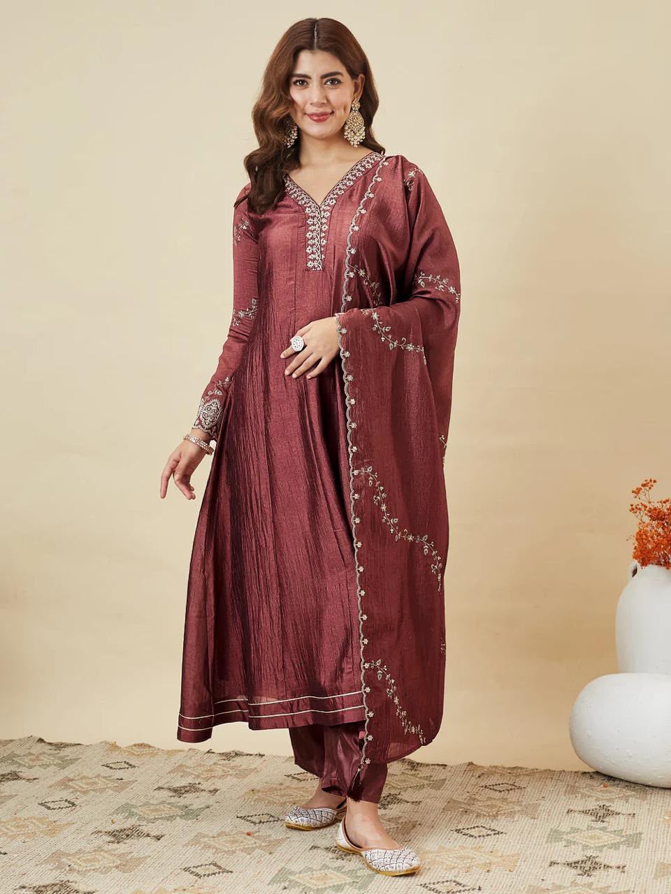 Embroidered Vichitra Silk Anarkali Kurta Set