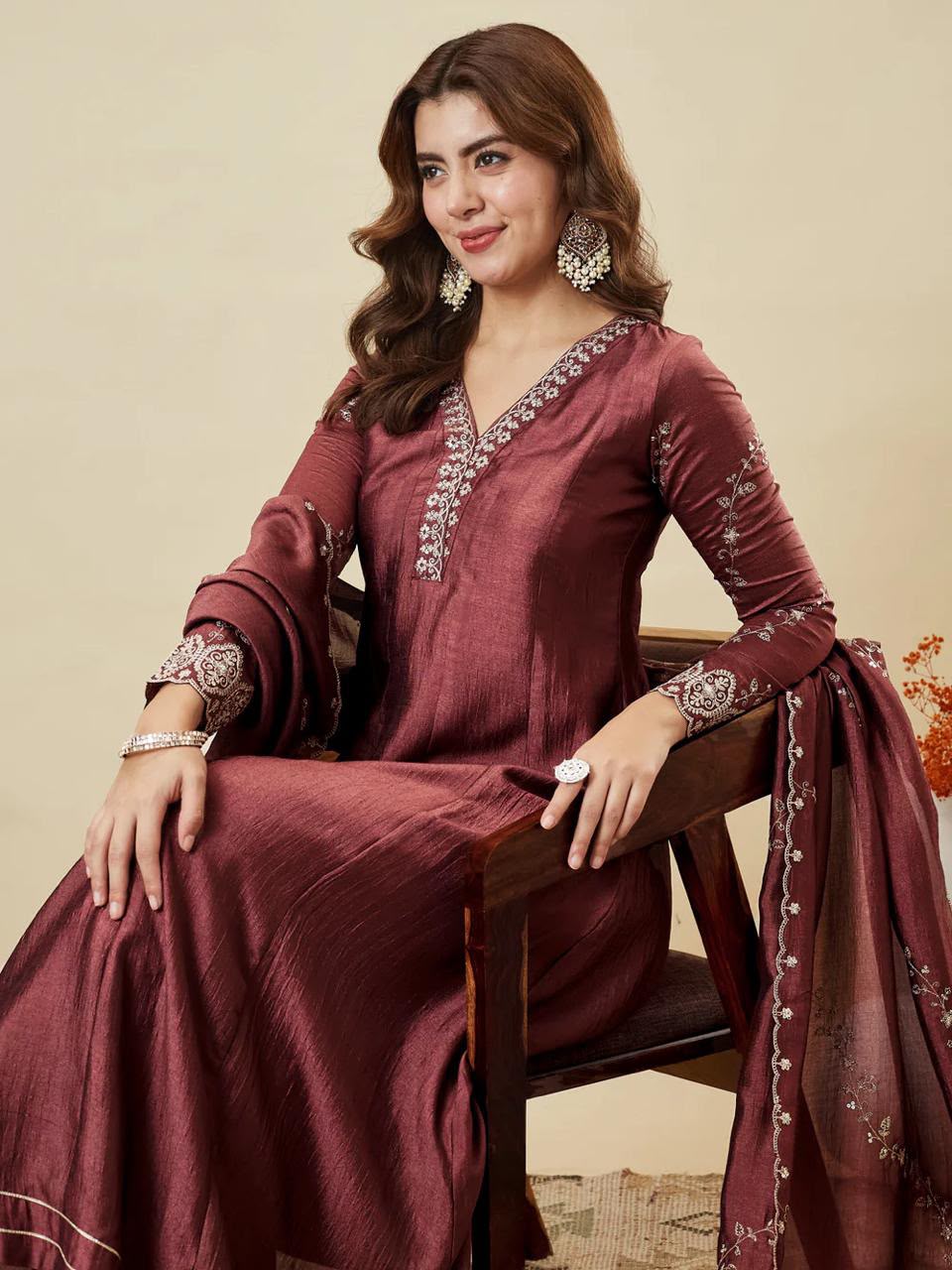 Embroidered Vichitra Silk Anarkali Kurta Set