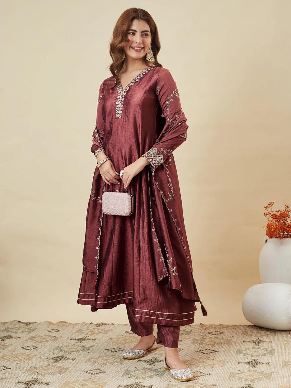 Embroidered Vichitra Silk Anarkali Kurta Set