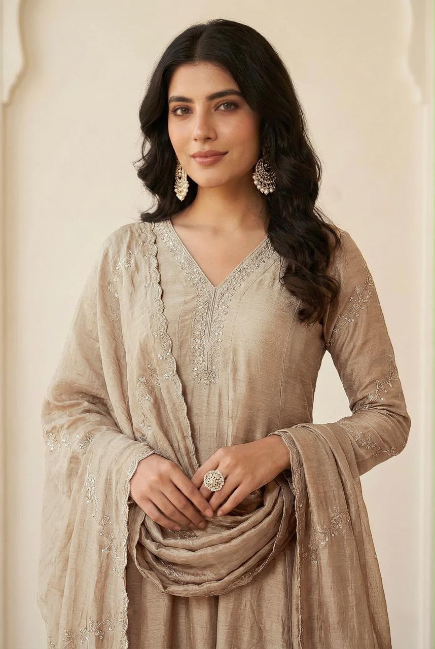 Embroidered Vichitra Silk Anarkali Kurta Set