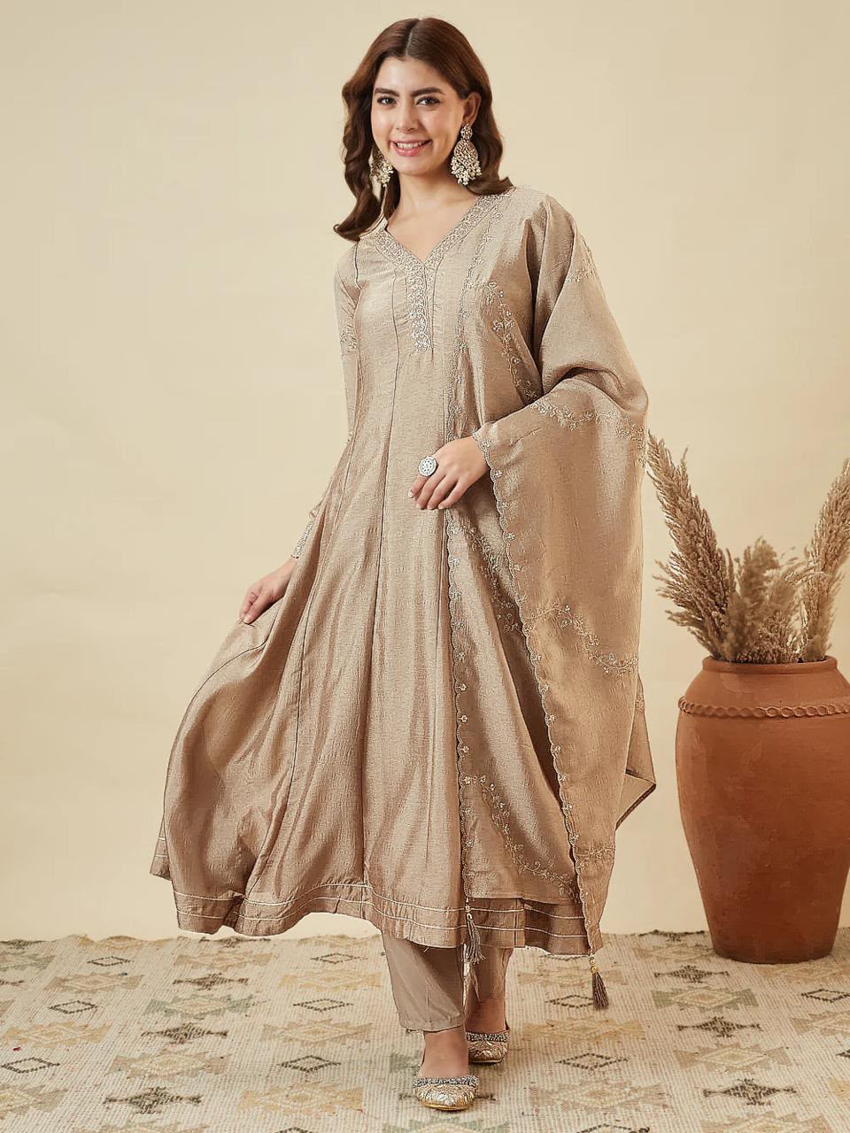 Embroidered Vichitra Silk Anarkali Kurta Set