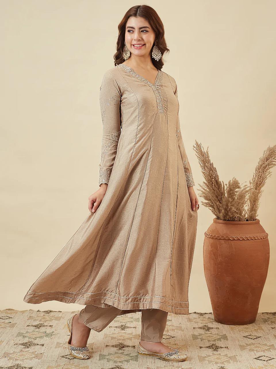Embroidered Vichitra Silk Anarkali Kurta Set