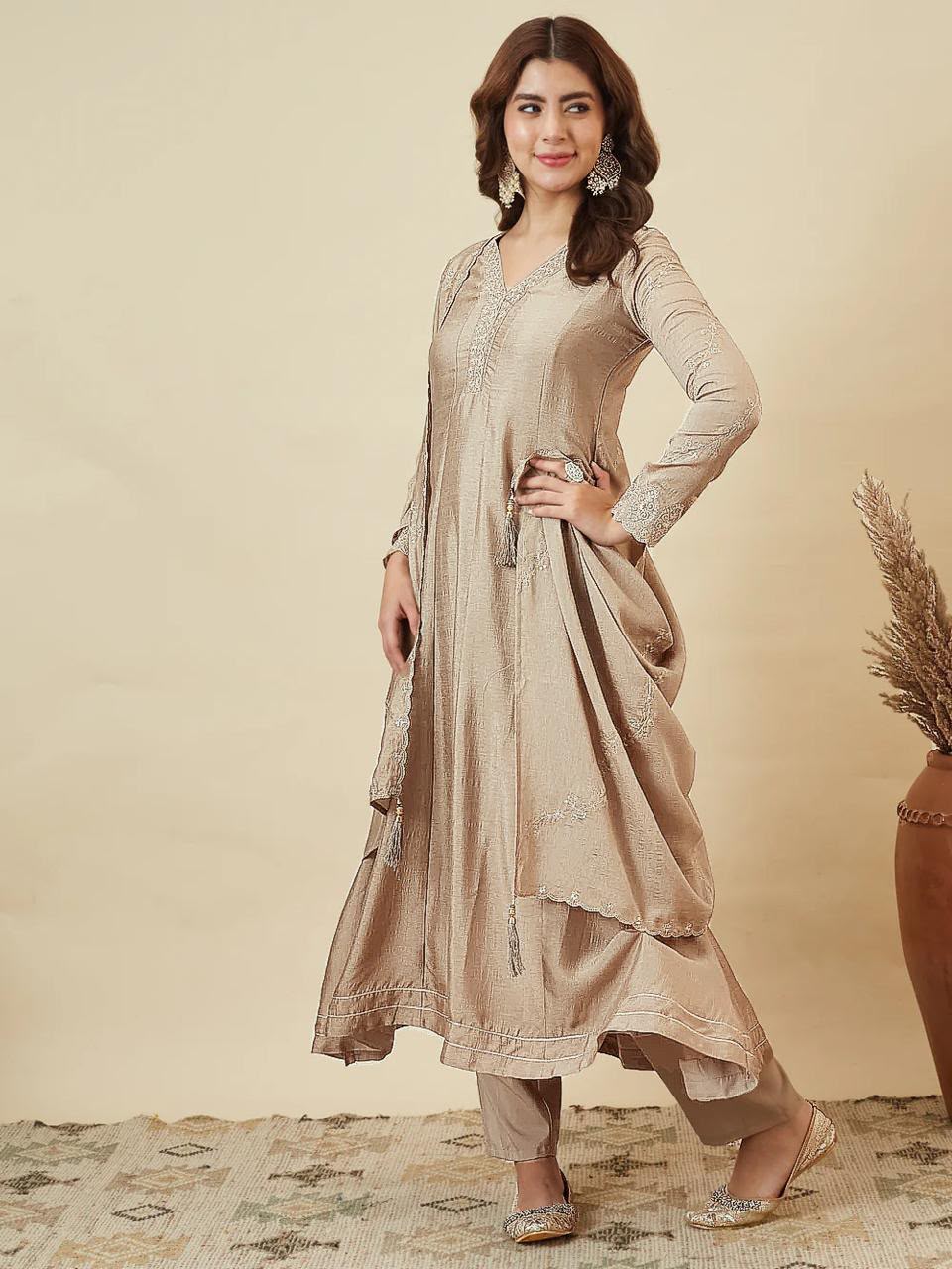 Embroidered Vichitra Silk Anarkali Kurta Set