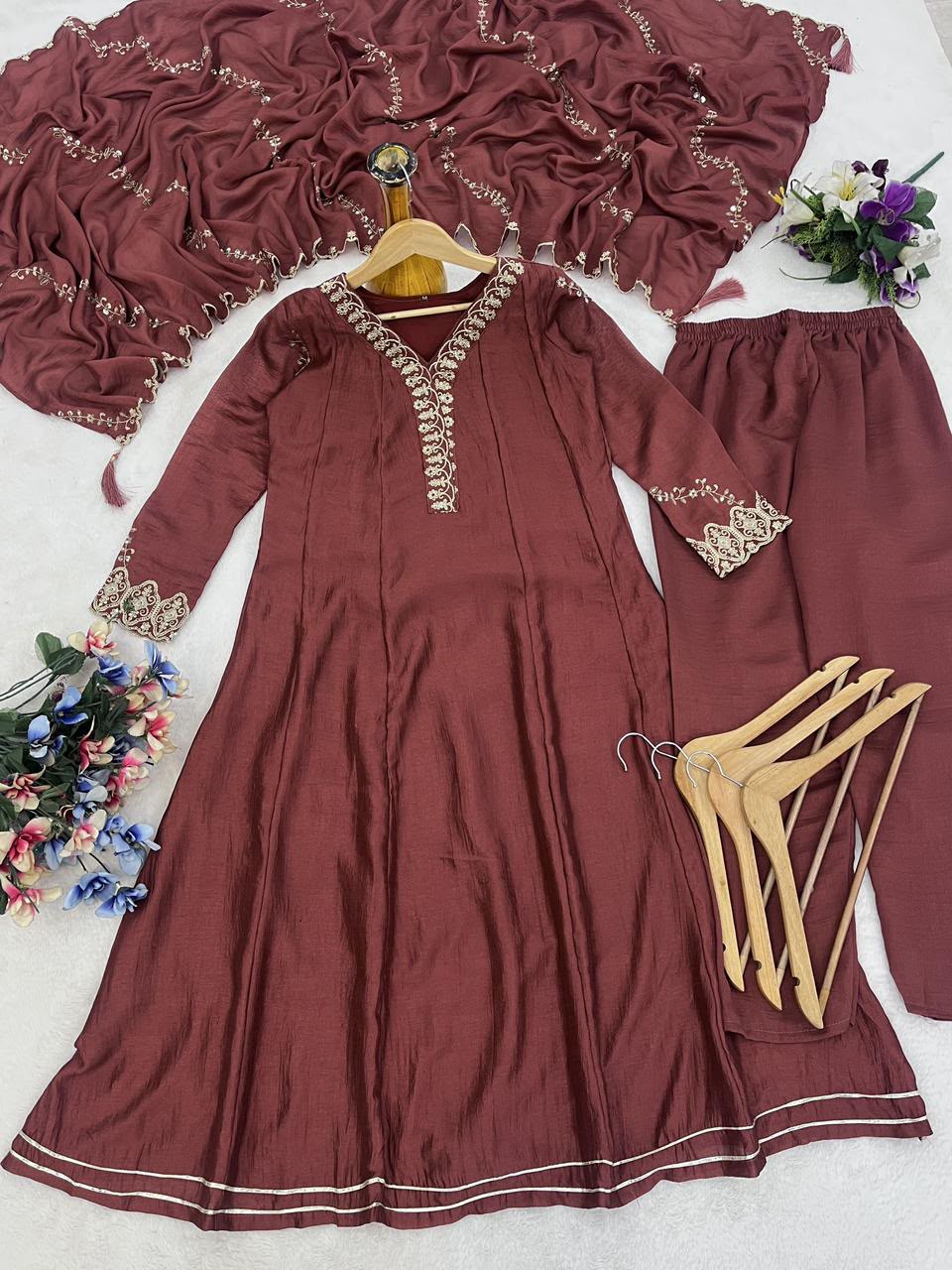 Embroidered Vichitra Silk Anarkali Kurta Set