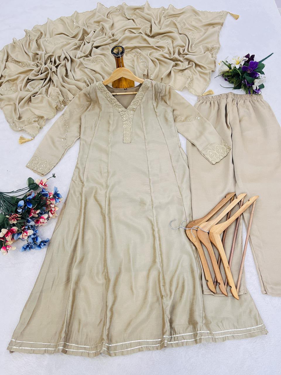 Embroidered Vichitra Silk Anarkali Kurta Set