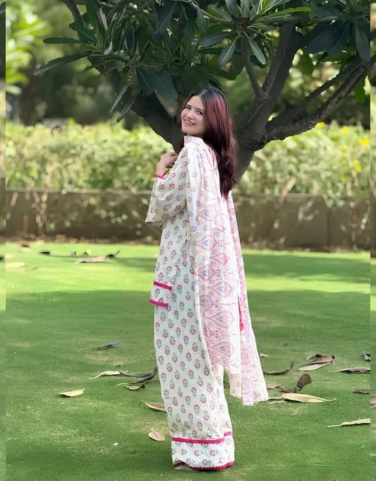 Ivory Floral Digital Print Crepe Farshi Suit Set