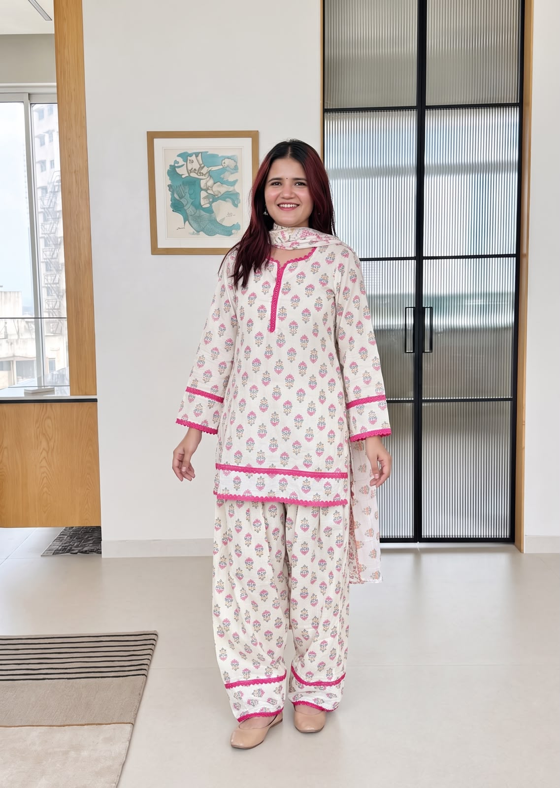 Ivory Floral Digital Print Crepe Farshi Suit Set