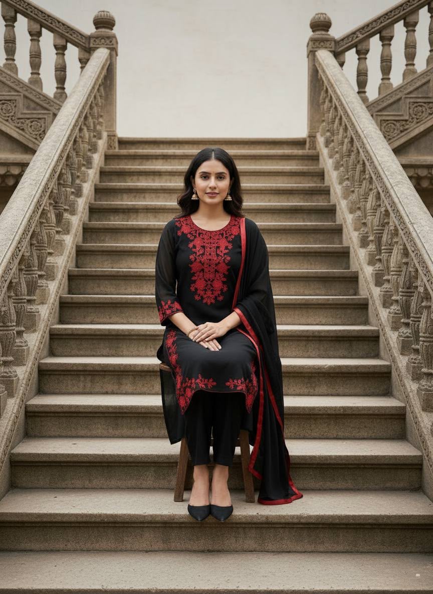 Midnight Black Embroidered Georgette Kurta Set