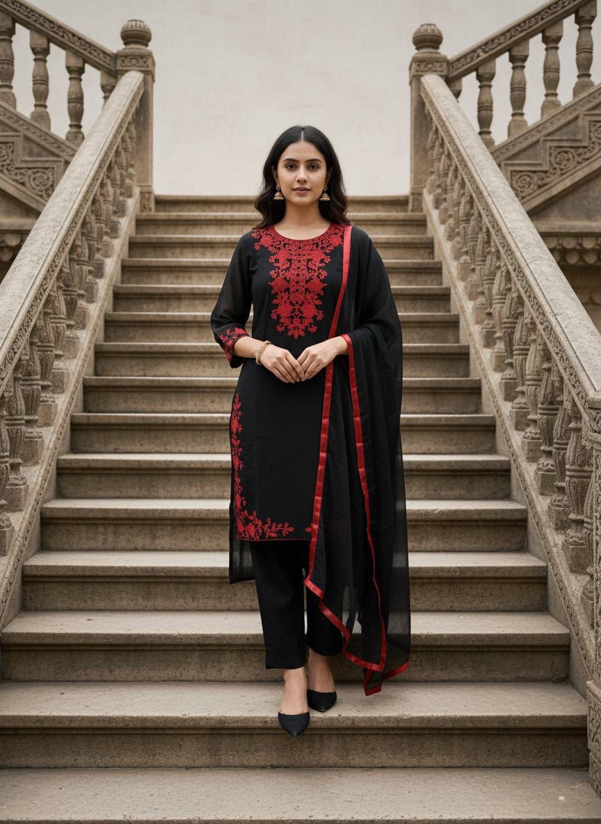 Midnight Black Embroidered Georgette Kurta Set