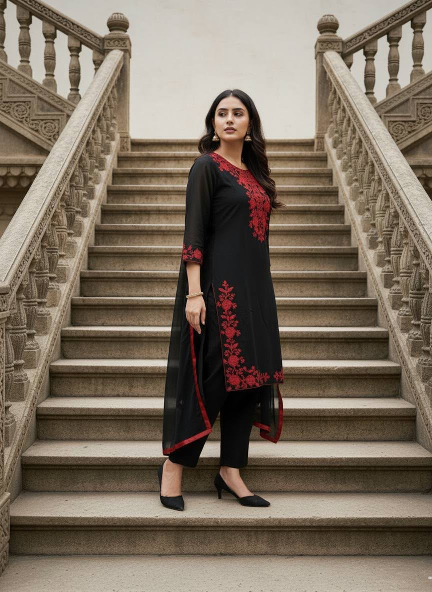 Midnight Black Embroidered Georgette Kurta Set