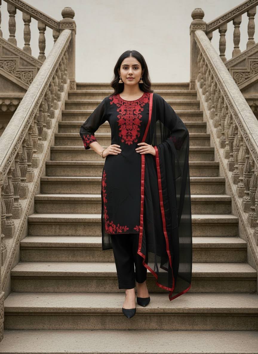 Midnight Black Embroidered Georgette Kurta Set