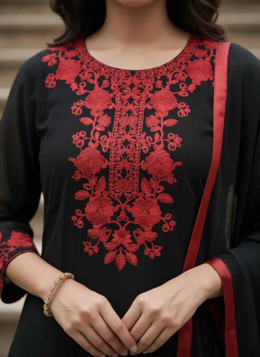 Midnight Black Embroidered Georgette Kurta Set