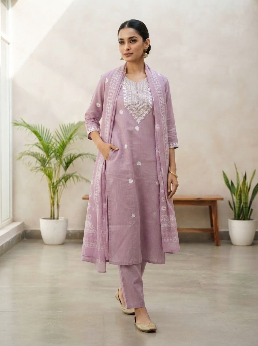 Lavender Embroidered Rayon Slub Kurta Set