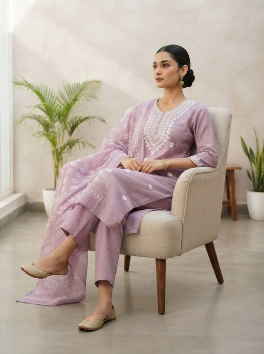 Lavender Embroidered Rayon Slub Kurta Set