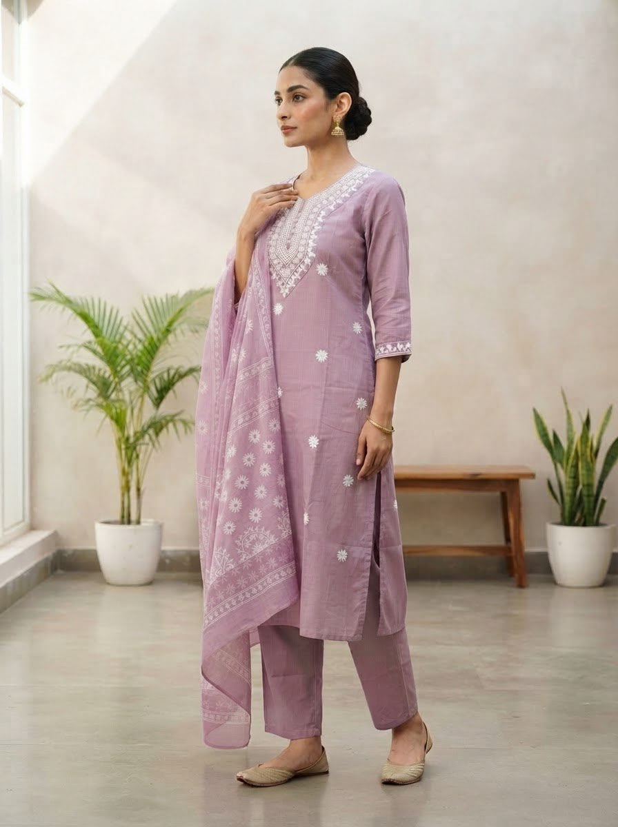 Lavender Embroidered Rayon Slub Kurta Set