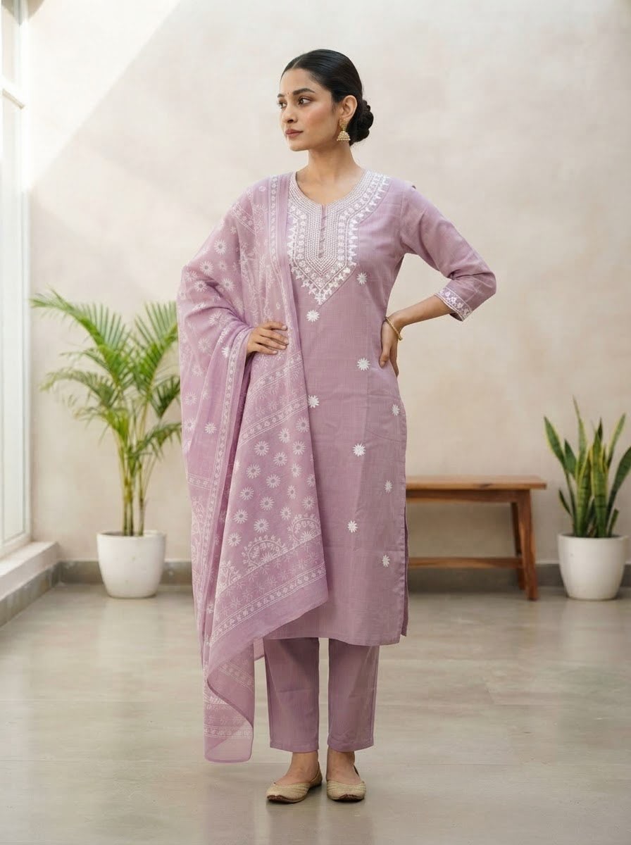 Lavender Embroidered Rayon Slub Kurta Set