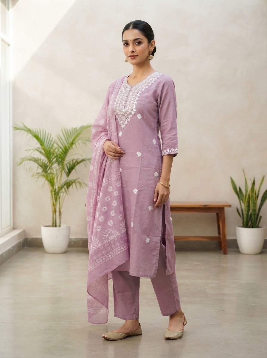 Lavender Embroidered Rayon Slub Kurta Set