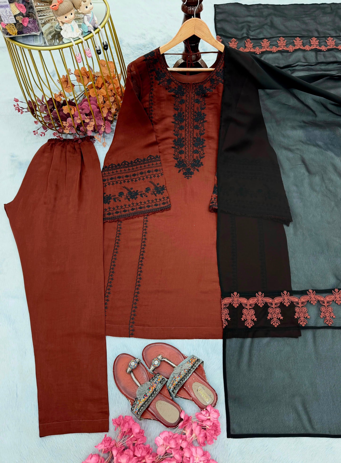 Designer Roman Silk Embroidered Kurta Pant Set with Georgette Dupatta