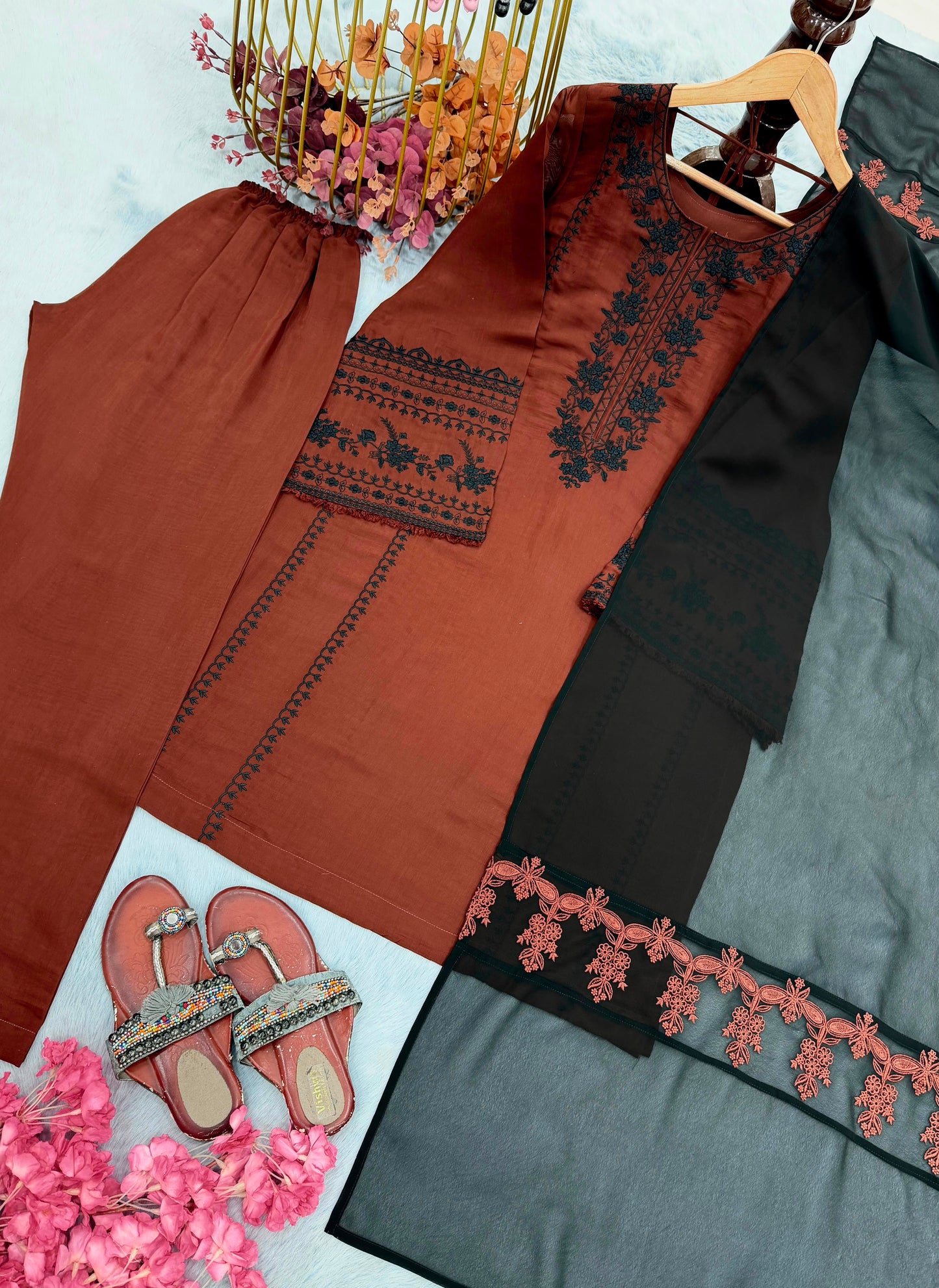 Designer Roman Silk Embroidered Kurta Pant Set with Georgette Dupatta