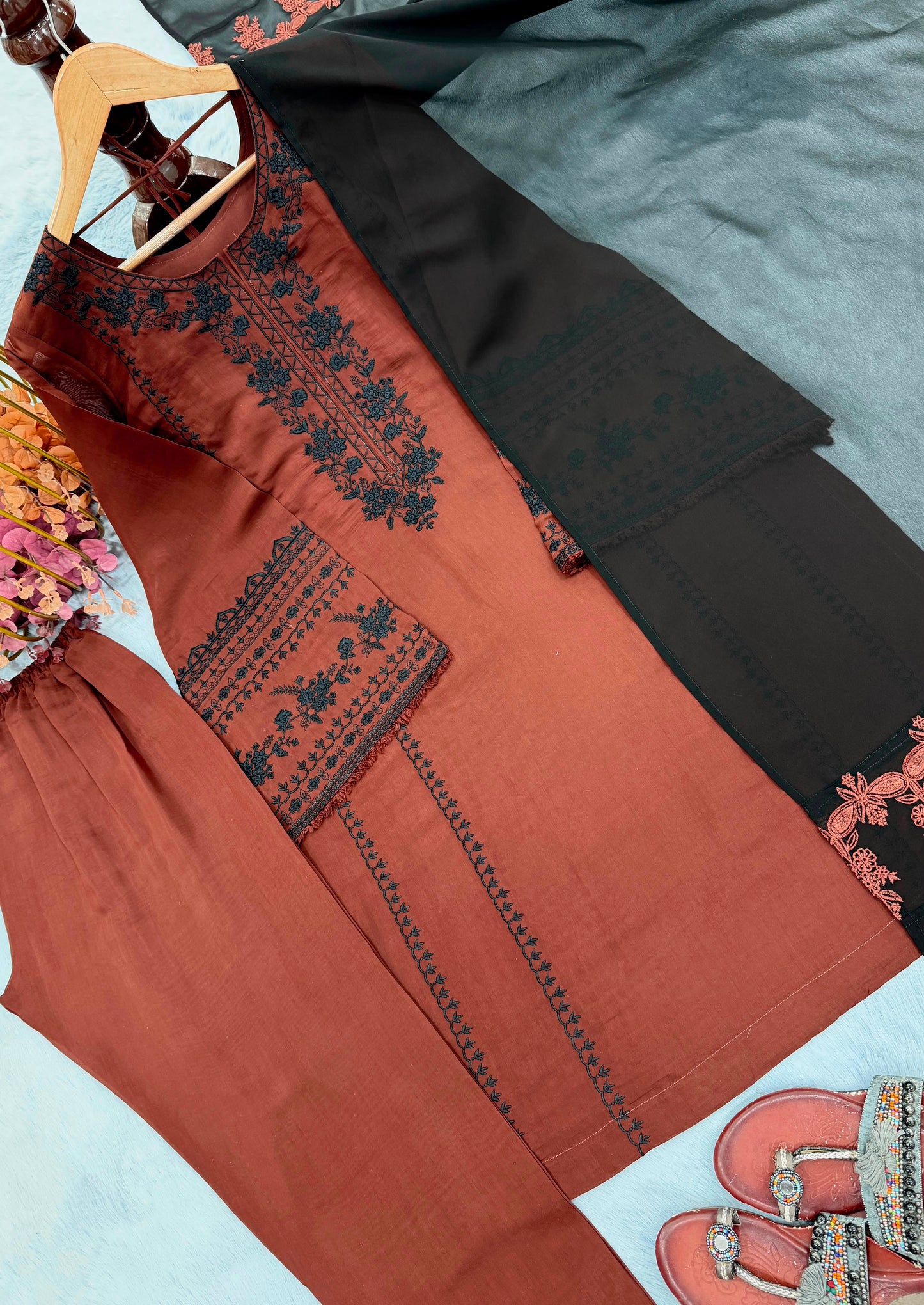 Designer Roman Silk Embroidered Kurta Pant Set with Georgette Dupatta