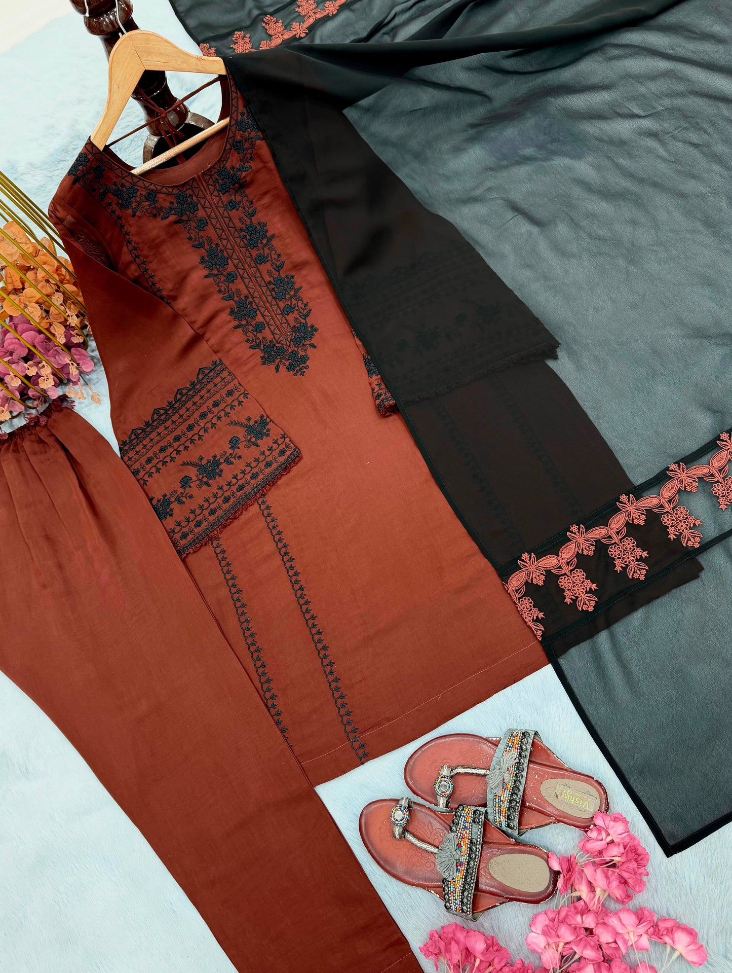 Designer Roman Silk Embroidered Kurta Pant Set with Georgette Dupatta