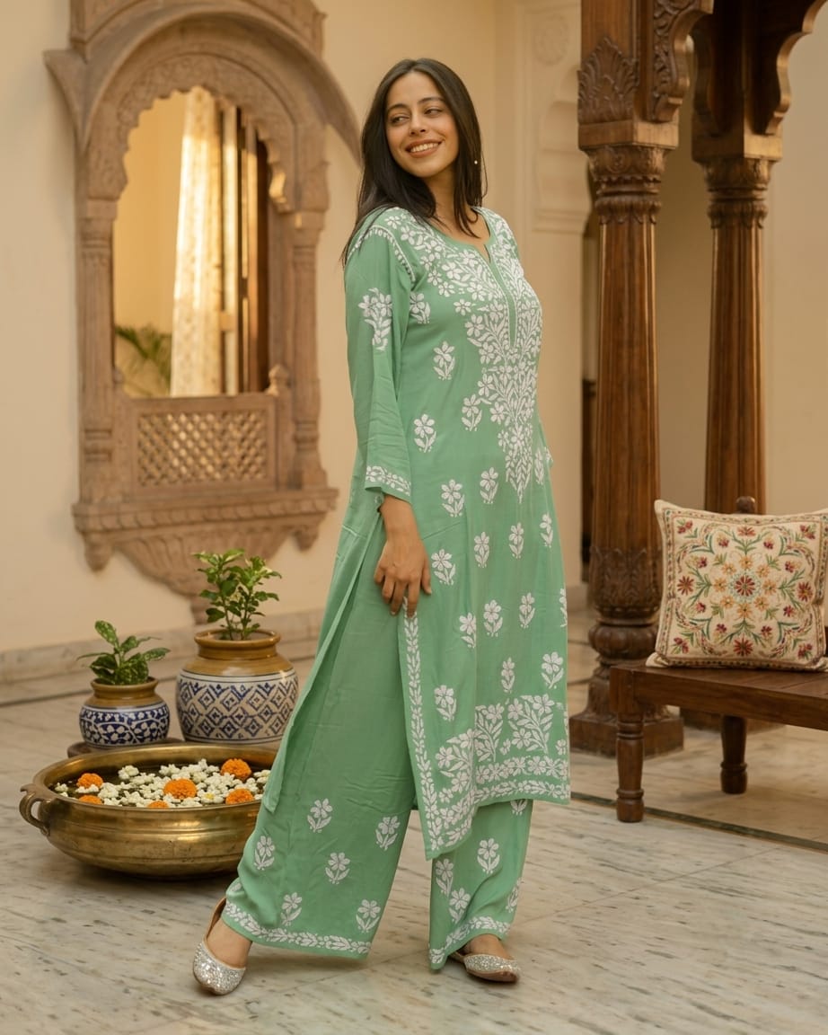 Premium Chikankari Rayon Kurta Palazzo Set