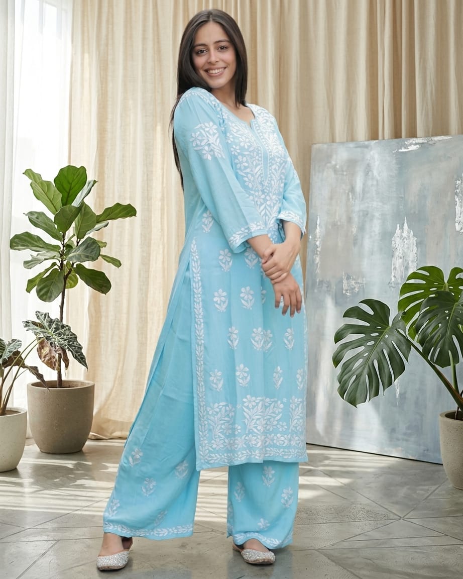 Premium Chikankari Rayon Kurta Palazzo Set