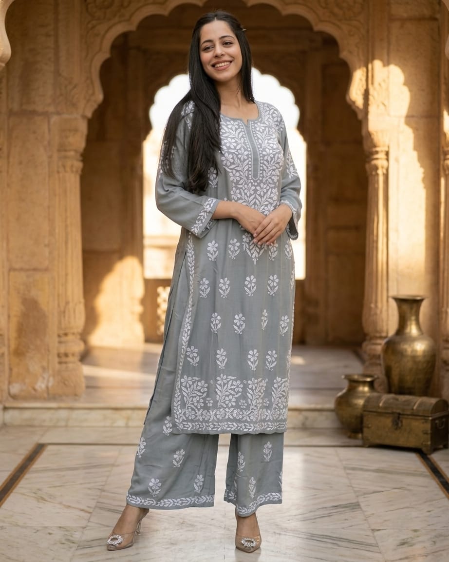 Premium Chikankari Rayon Kurta Palazzo Set