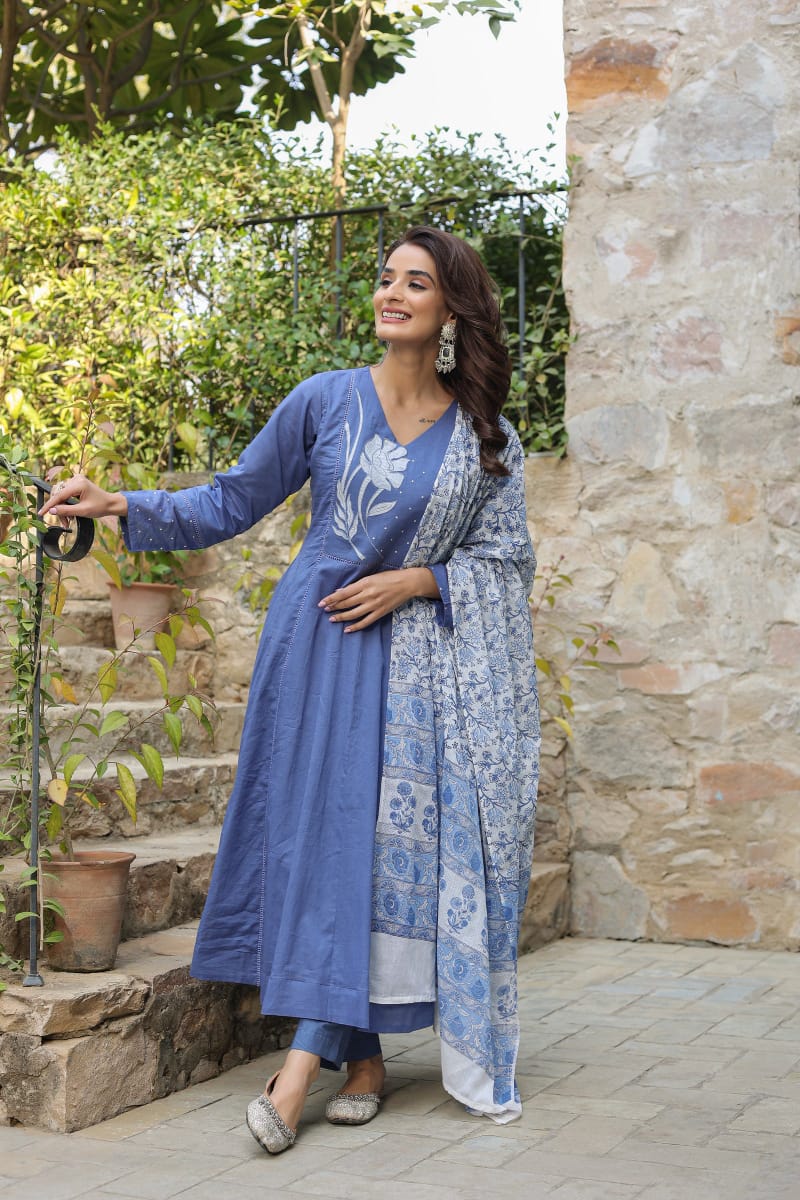 Premium Embroidered Rayon Anarkali Suit Set with Chiffon Dupatta
