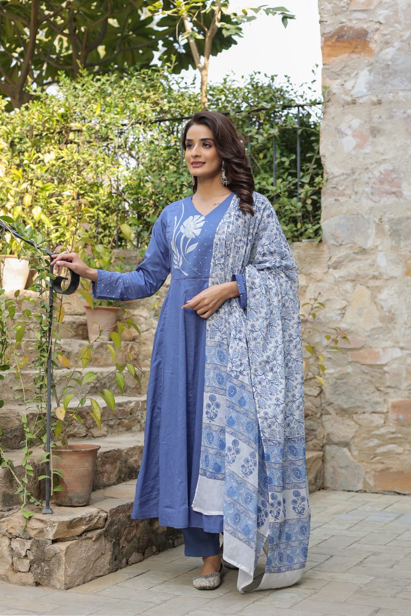 Premium Embroidered Rayon Anarkali Suit Set with Chiffon Dupatta