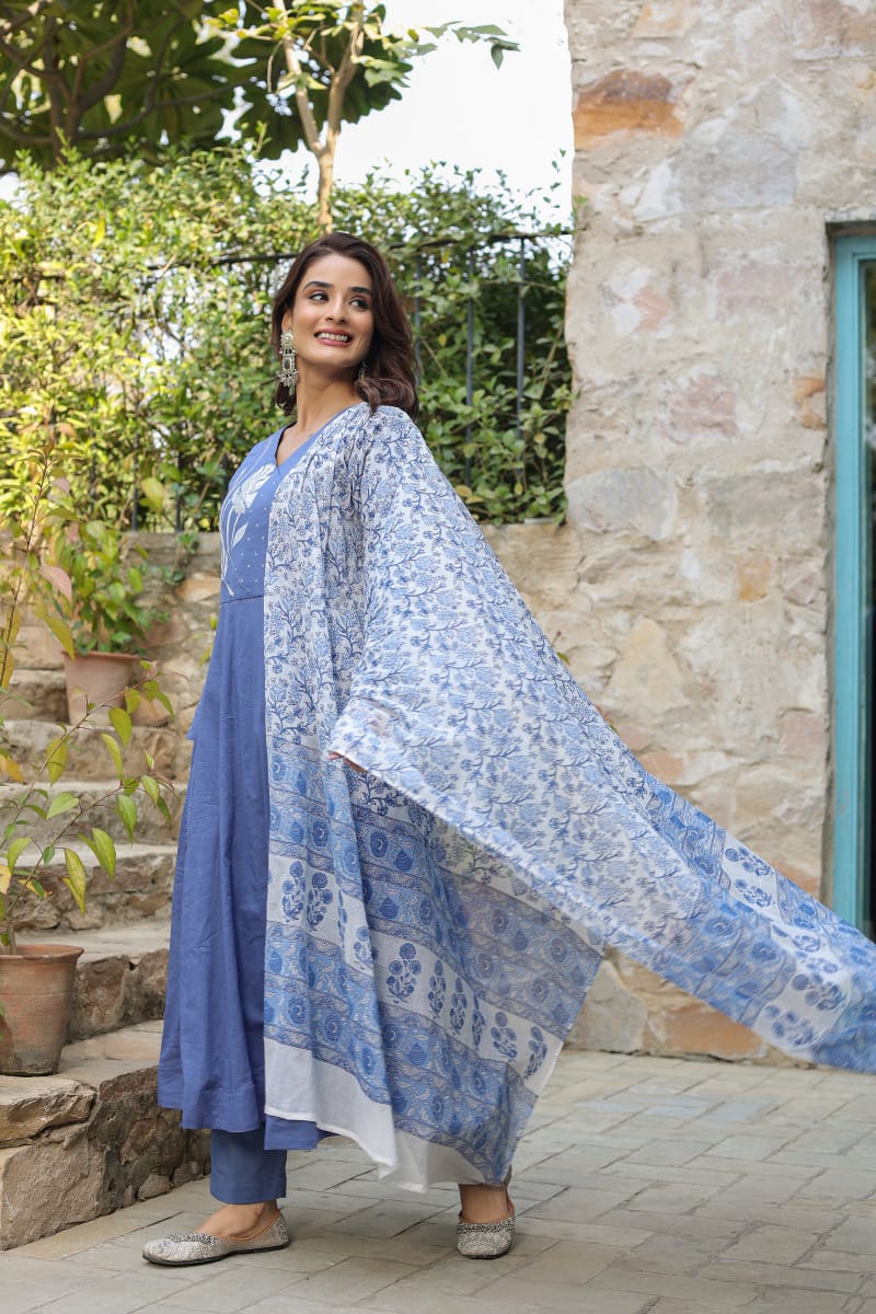Premium Embroidered Rayon Anarkali Suit Set with Chiffon Dupatta