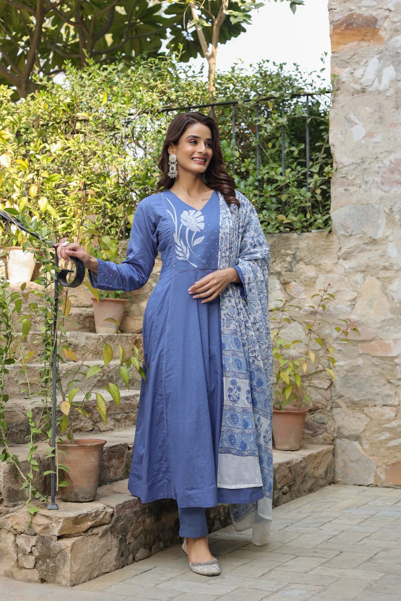 Premium Embroidered Rayon Anarkali Suit Set with Chiffon Dupatta