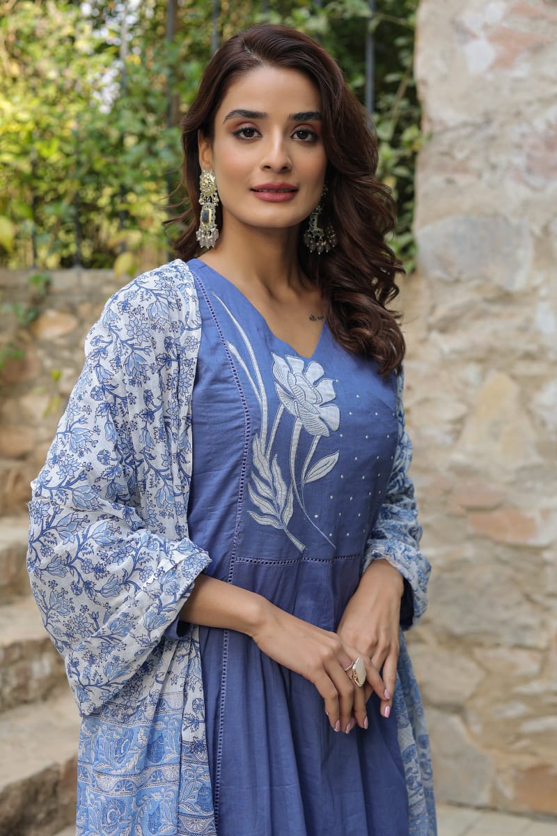 Premium Embroidered Rayon Anarkali Suit Set with Chiffon Dupatta