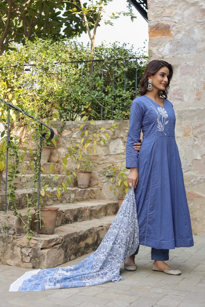 Premium Embroidered Rayon Anarkali Suit Set with Chiffon Dupatta