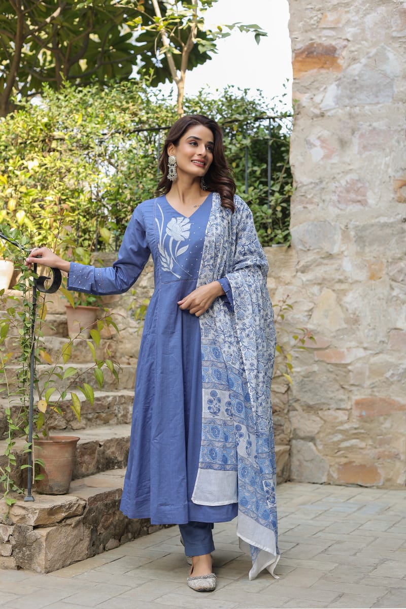 Premium Embroidered Rayon Anarkali Suit Set with Chiffon Dupatta