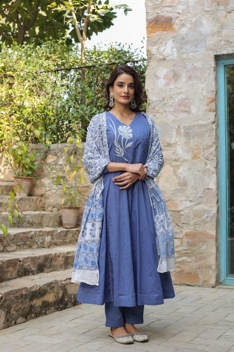Premium Embroidered Rayon Anarkali Suit Set with Chiffon Dupatta