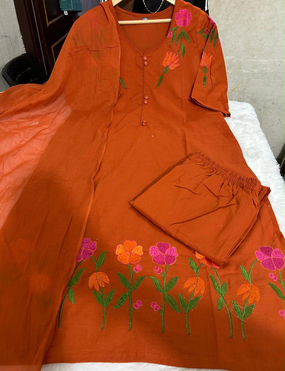 Rust Cotton Kurta Set with Mul Cotton Dupatta