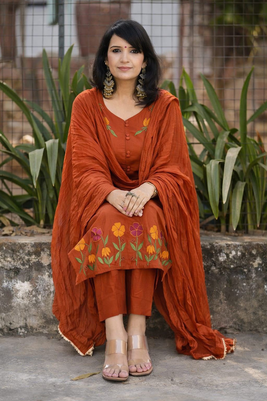 Rust Cotton Kurta Set with Mul Cotton Dupatta
