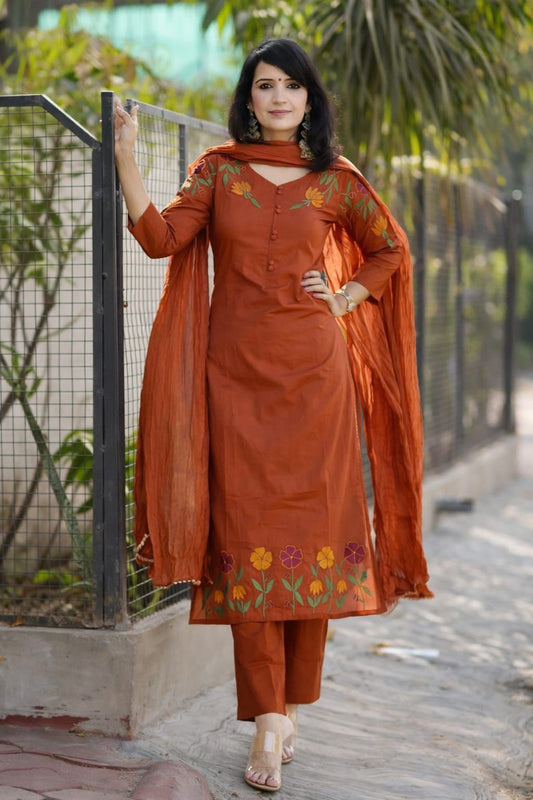 Rust Cotton Kurta Set with Mul Cotton Dupatta