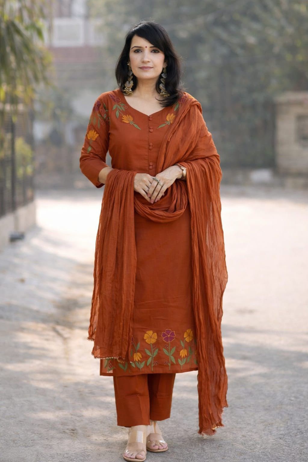 Rust Cotton Kurta Set with Mul Cotton Dupatta